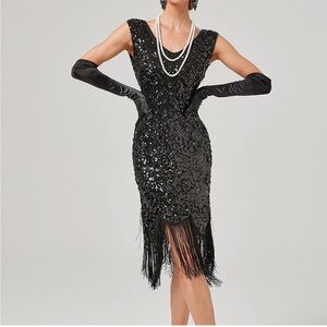 Amazon Black Sequin Fringe Midi Dress